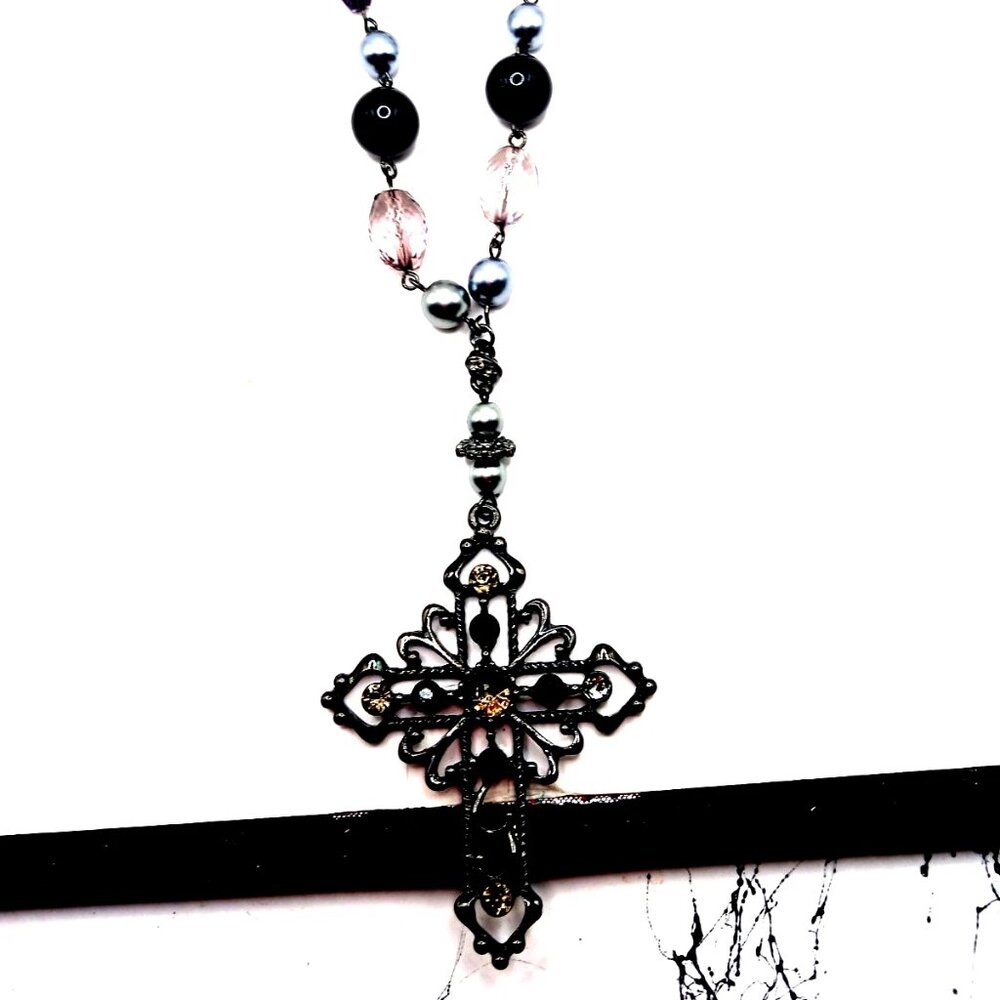 Black Metal Cross On Black Beaded Chain Necklace 20"